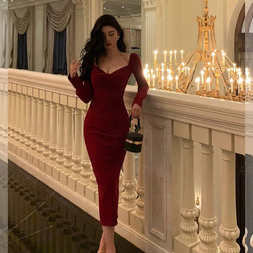 Sheath V Neckline Long Sleeves Red Prom Dresses Birthday Outfits Evening Gown SD1009